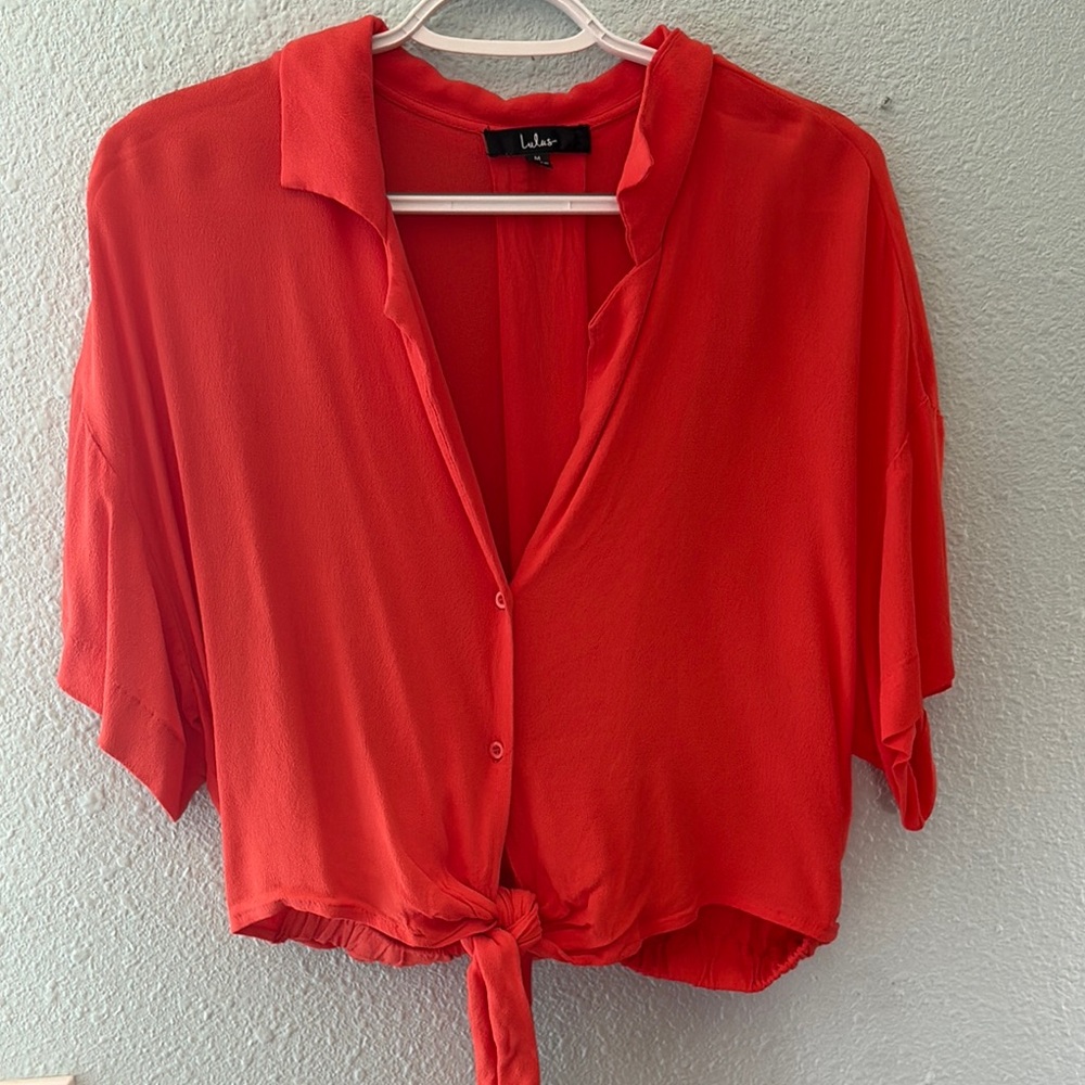 Lulu's Orange Button Down Crop Top with Notched Collar